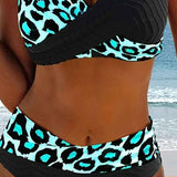 Krusta Leoparda Bikinis ar Krāsu Bloku un Siksnām