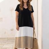 Valentine | Vestido midi com decote em V e mangas curtas bicolor