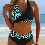 Krusta Leoparda Bikinis ar Krāsu Bloku un Siksnām
